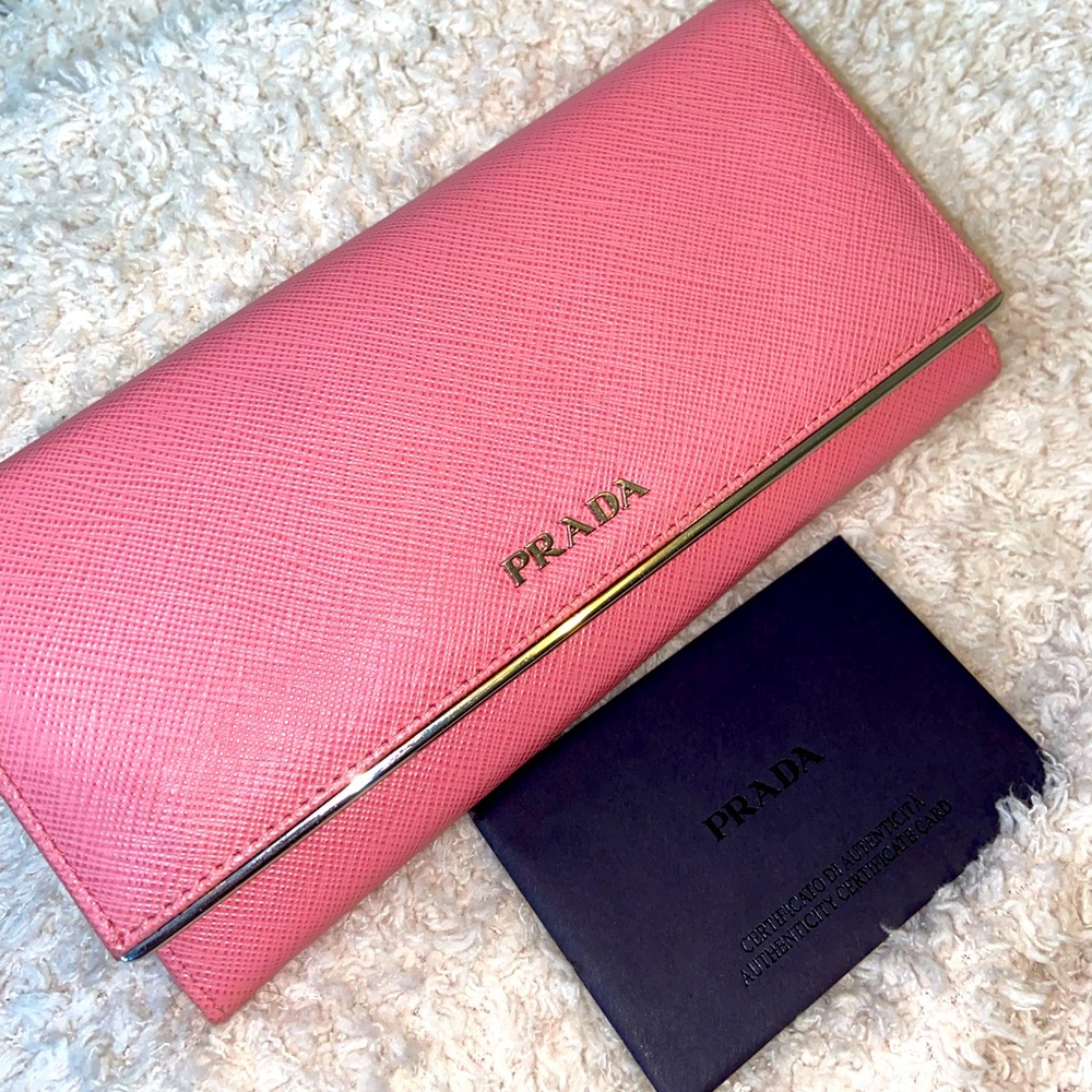 Prada Pink Saffiano Clutch with Gold Trim